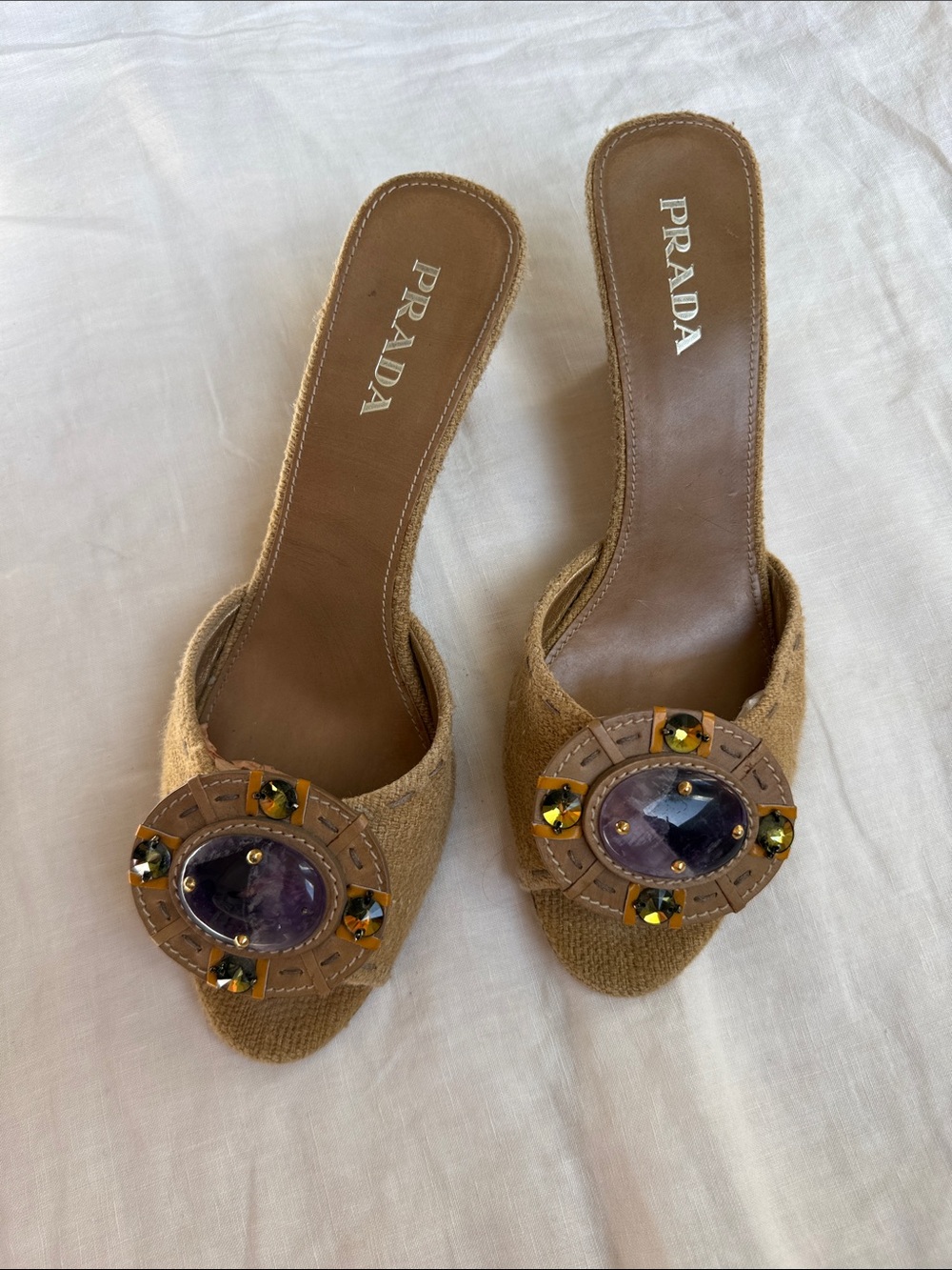 Vintage Prada Tan Embellished Wedges Sandals with Purple Stones - Picture 3 of 5
